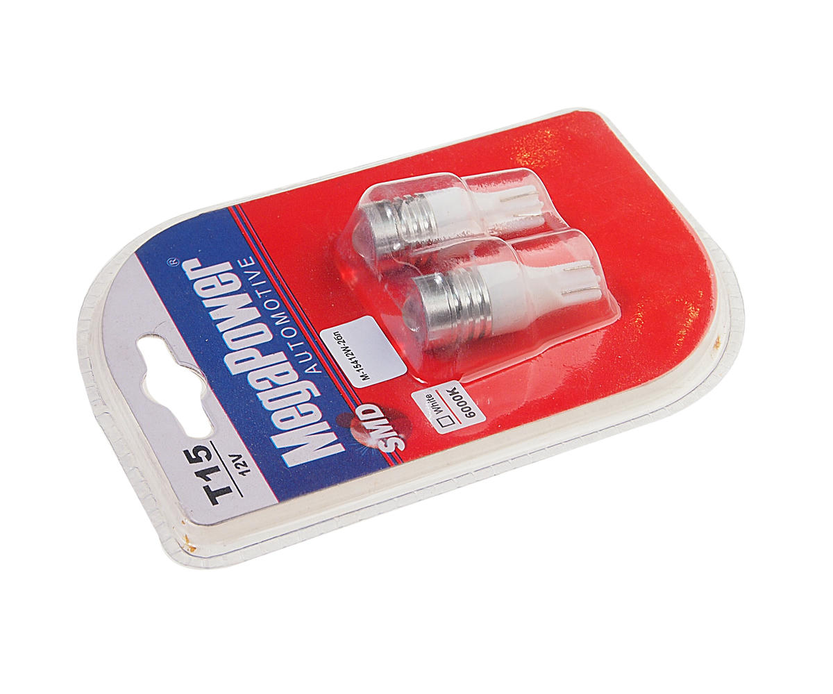 Лампа T15W (W2,1X9,5d) 1 SMD WHITE блистер (2шт) 6000K 12V MEGAPOWER preview 1