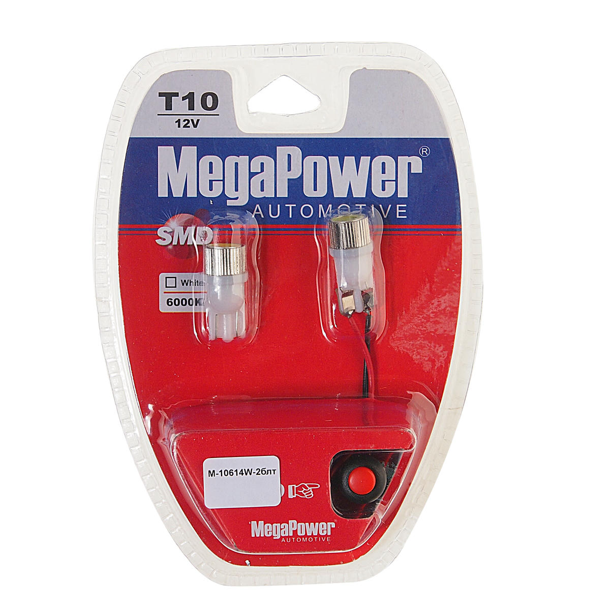 Лампа T10W (W2,1x9,5d) 1 SMD 7080 WHITE блистер с тестером (2 шт) 6000K 12V MEGAPOWER preview 1