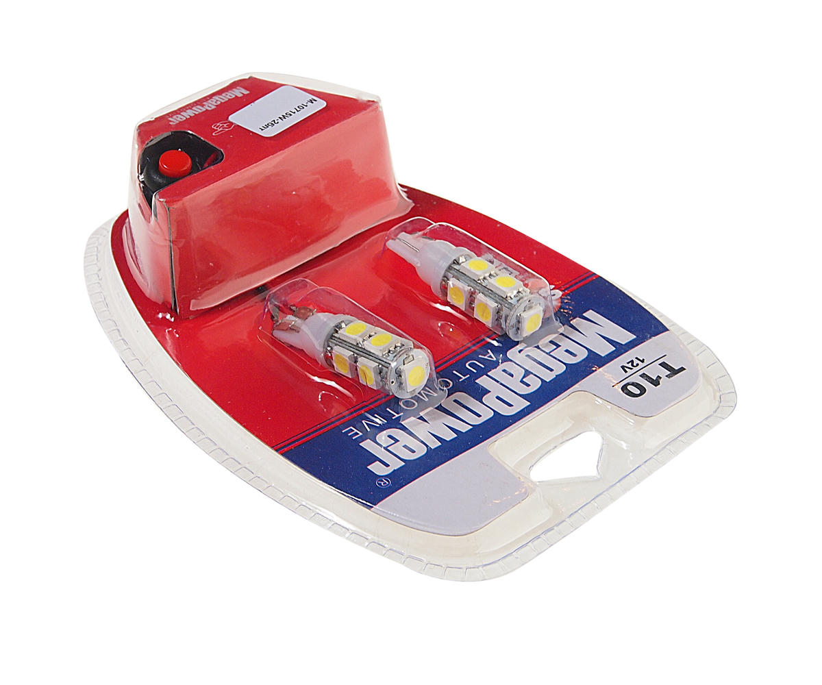 Лампа T10W (W2,1x9,5d) 9 SMD 5050 WHITE блистер с тестером (2 шт) 6000K 12V MEGAPOWER preview 1