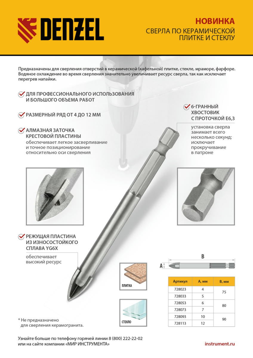 Сверло по керамической плитке 6мм, крестовая пластина, 6-гр. хвостовик DENZEL preview 1