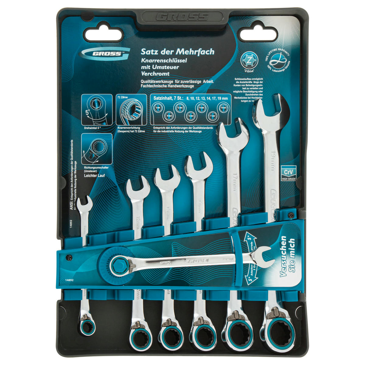 Набор ключей комбинированных 7шт 8-19мм с трещоткой реверсивные GROSS preview 7