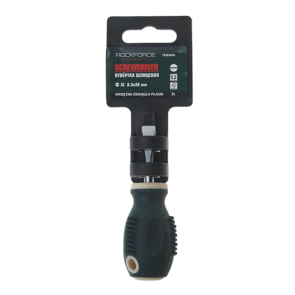 Отвертка шлицевая RF-70365038 магнитная "Profi" S2 SL6.5х38мм, на пластиковом держателе ROCKFORCE preview 1