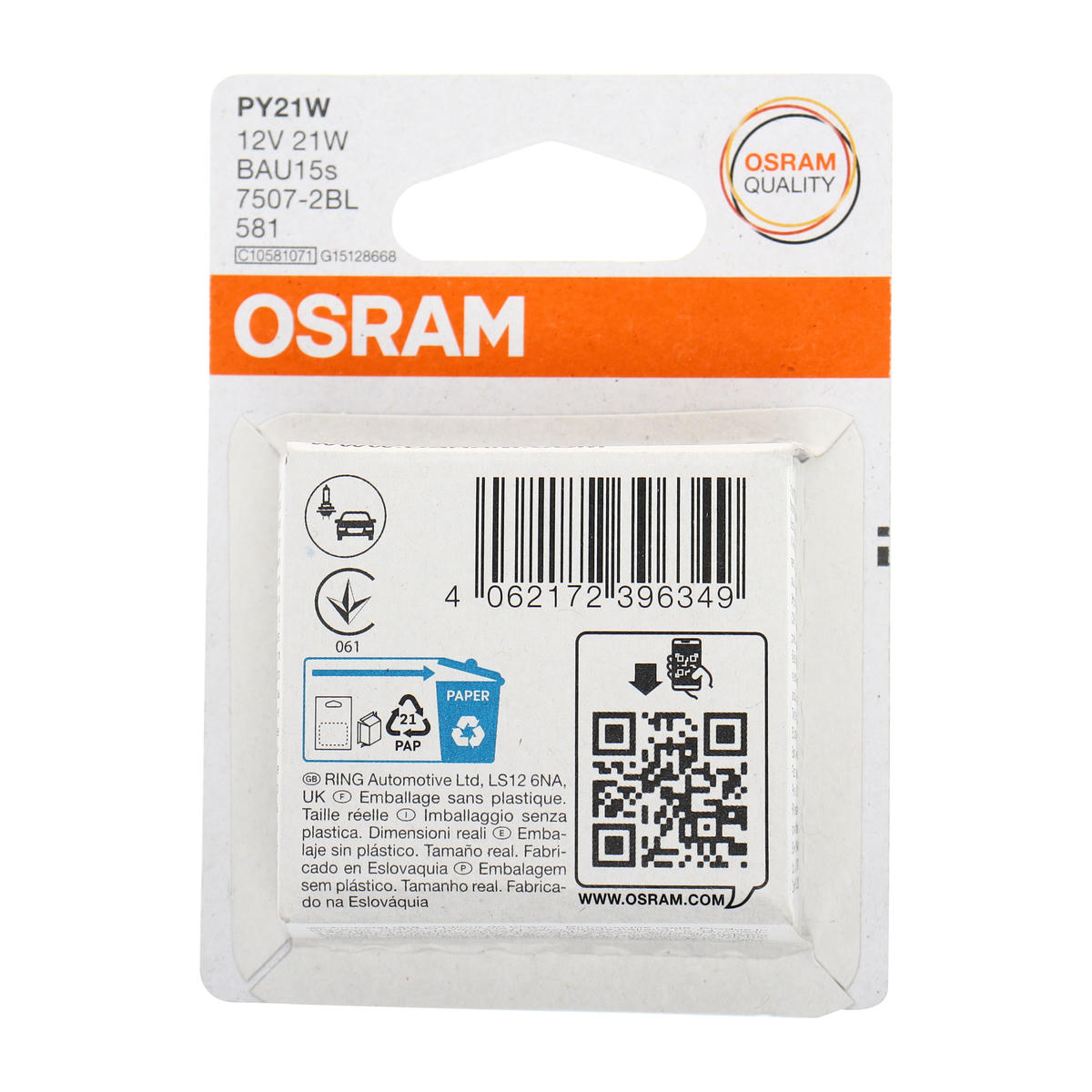Лампа 12V PY21W 21W BAU15s OSRAM ORIGINAL LINE 2 шт. блистер 7507-02B preview 1
