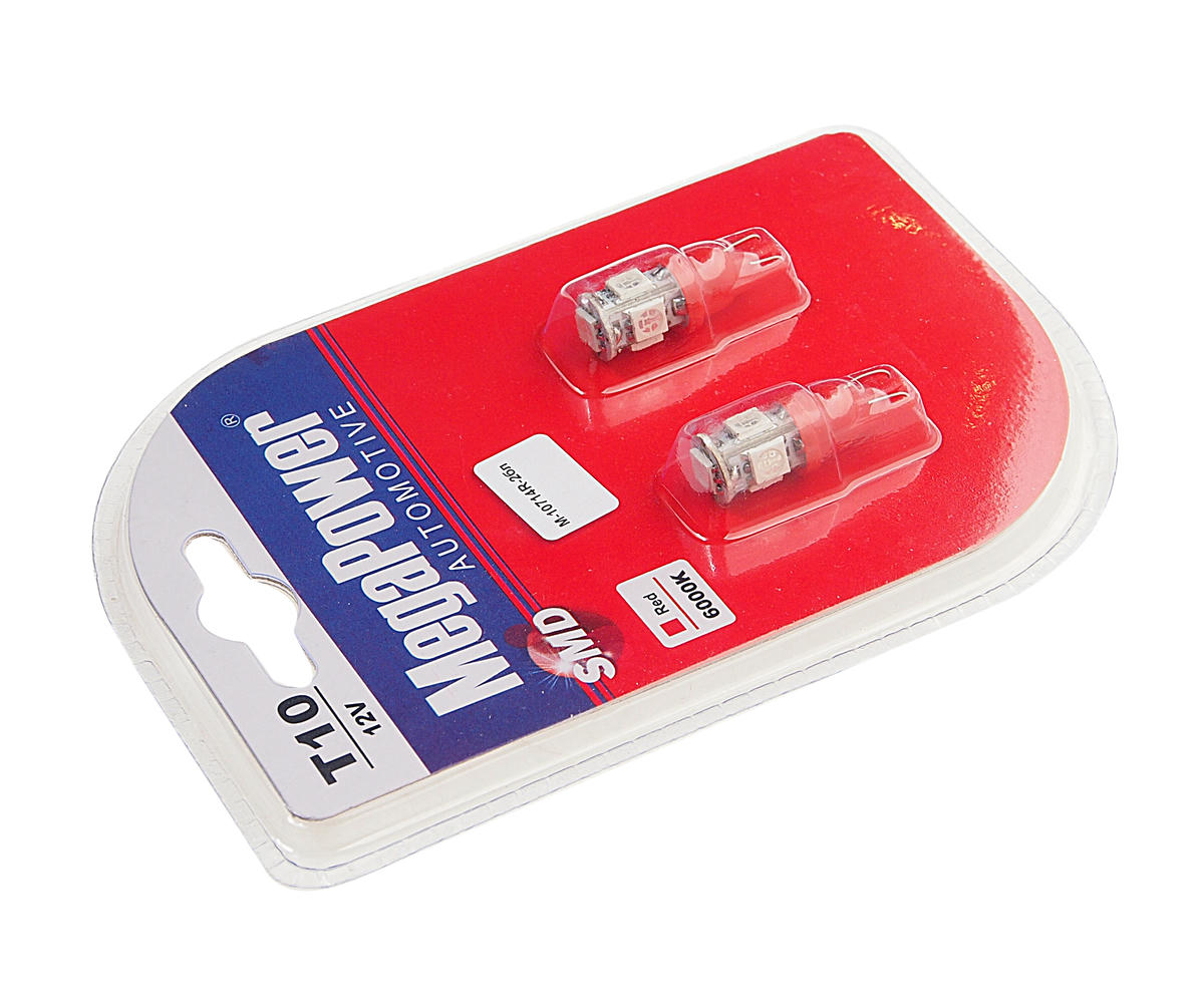 Лампа T10W (W2,1x9,5d) 5 SMD 5050 RED блистер (2 шт) 12V MEGAPOWER preview 1