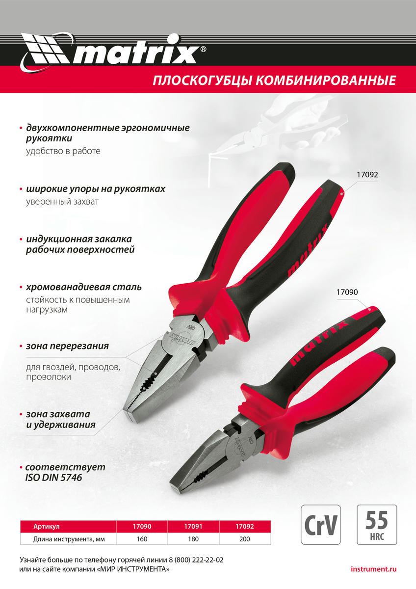 Плоскогубцы комбинированные, 200 мм, хром-ванадий, двухкомпонентные рукоятки// Matrix preview 1
