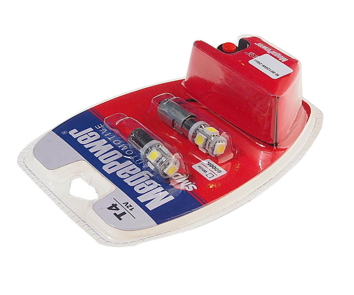 Лампа T4W (BA9s) 5 SMD 5050 WHITE блистер с тестером (2 шт) 6000K 12V MEGAPOWER preview 1