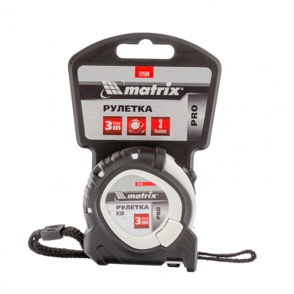 Рулетка Neon, 3 м x 16 мм, обрезиненный корпус, 3 фиксации, PRO// Matrix preview 1