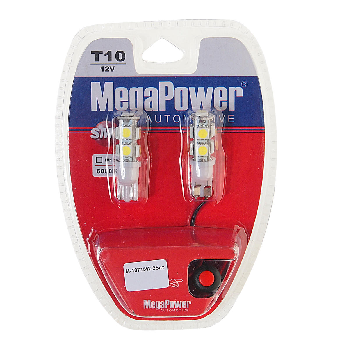 Лампа T10W (W2,1x9,5d) 9 SMD 5050 WHITE блистер с тестером (2 шт) 6000K 12V MEGAPOWER preview 1
