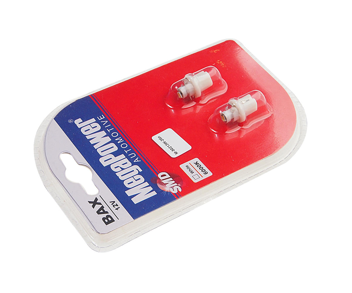 Лампа T5 (W2*4.6d с патроном B8.5d) 1 SMD 3528 WHITE блистер (2шт) 6000K 12V MEGAPOWER preview 1