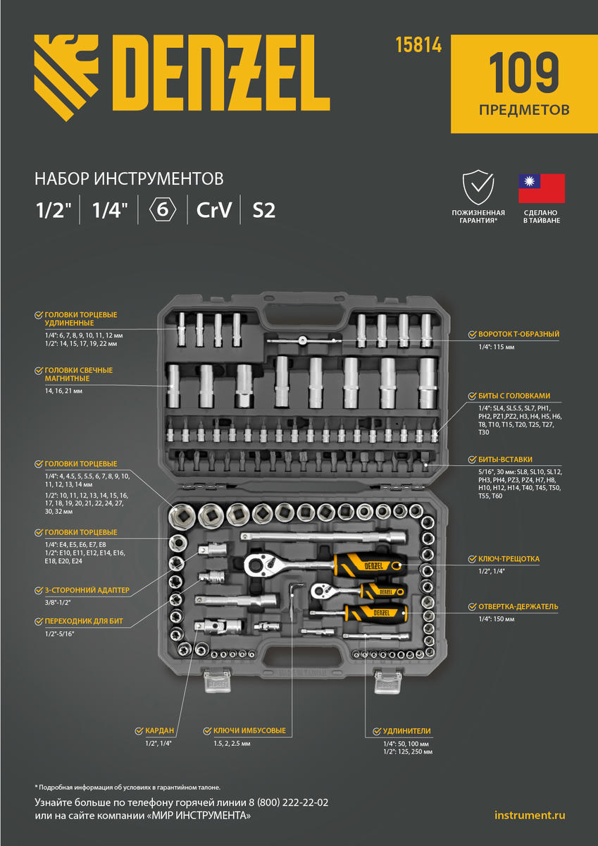 Набор инструмента 109 пред. 1/2", 1/4", CrV, S2 DENZEL preview 21