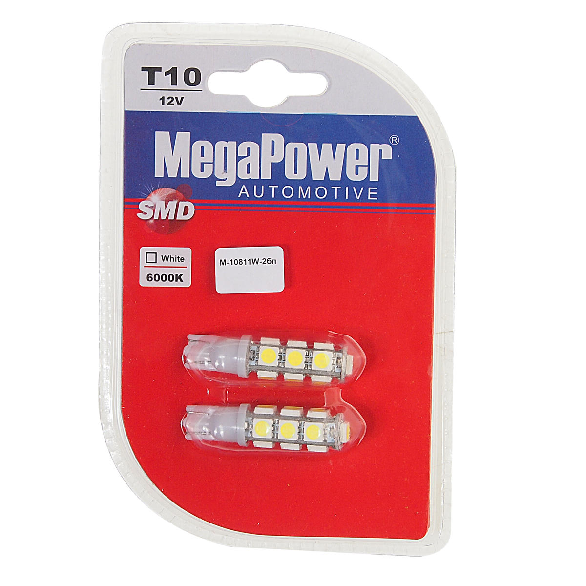 Лампа T10W (W2,1x9,5d) 13 SMD 5050 WHITE блистер (2 шт) 6000K 12V MEGAPOWER preview 1