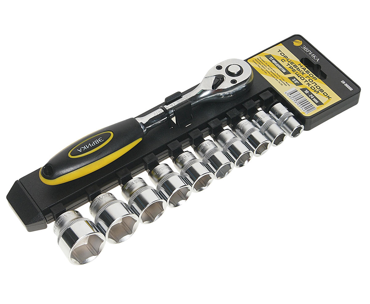 Набор головок торцевых с трещоткой 3/8" (10-24мм) 11пр (на держателе) ЭВРИКА preview 1