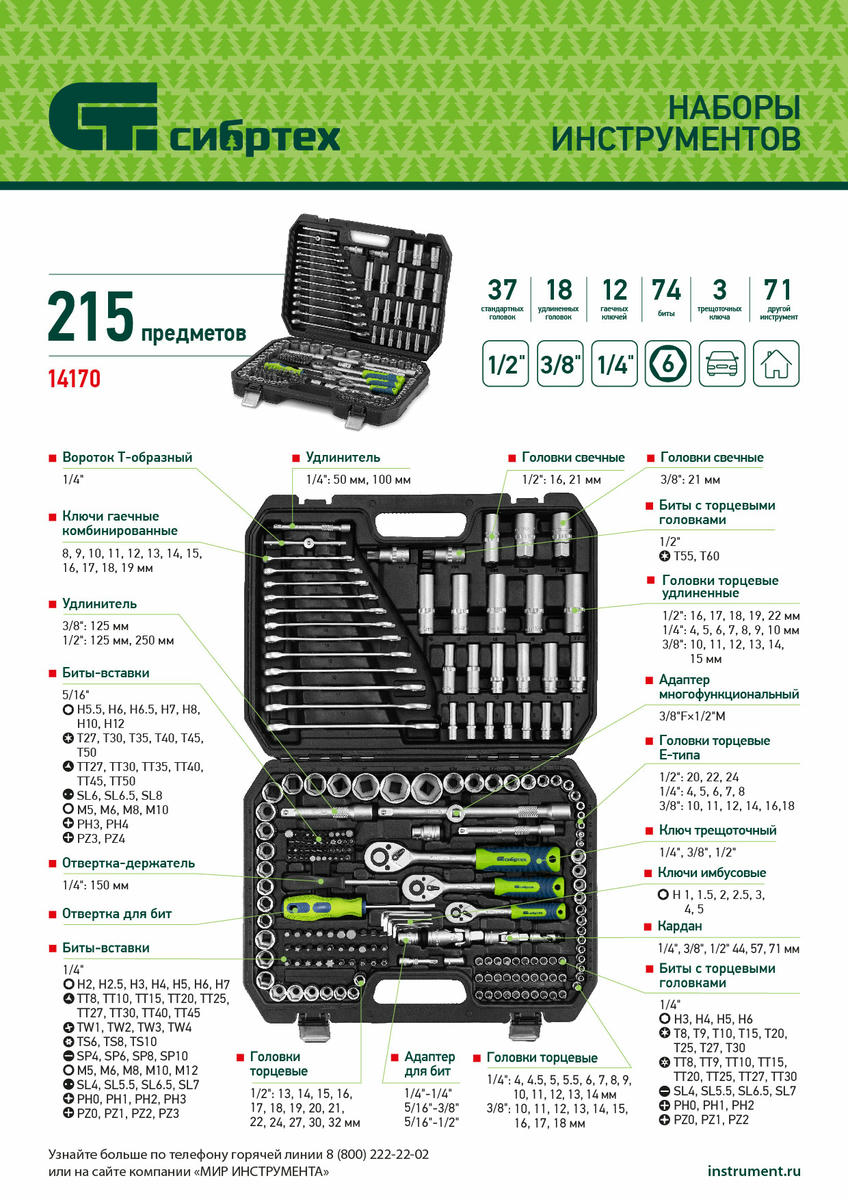Набор инструментов 1/2", 3/8", 1/4", пластиковый кейс 215 предм. Сибртех preview 33