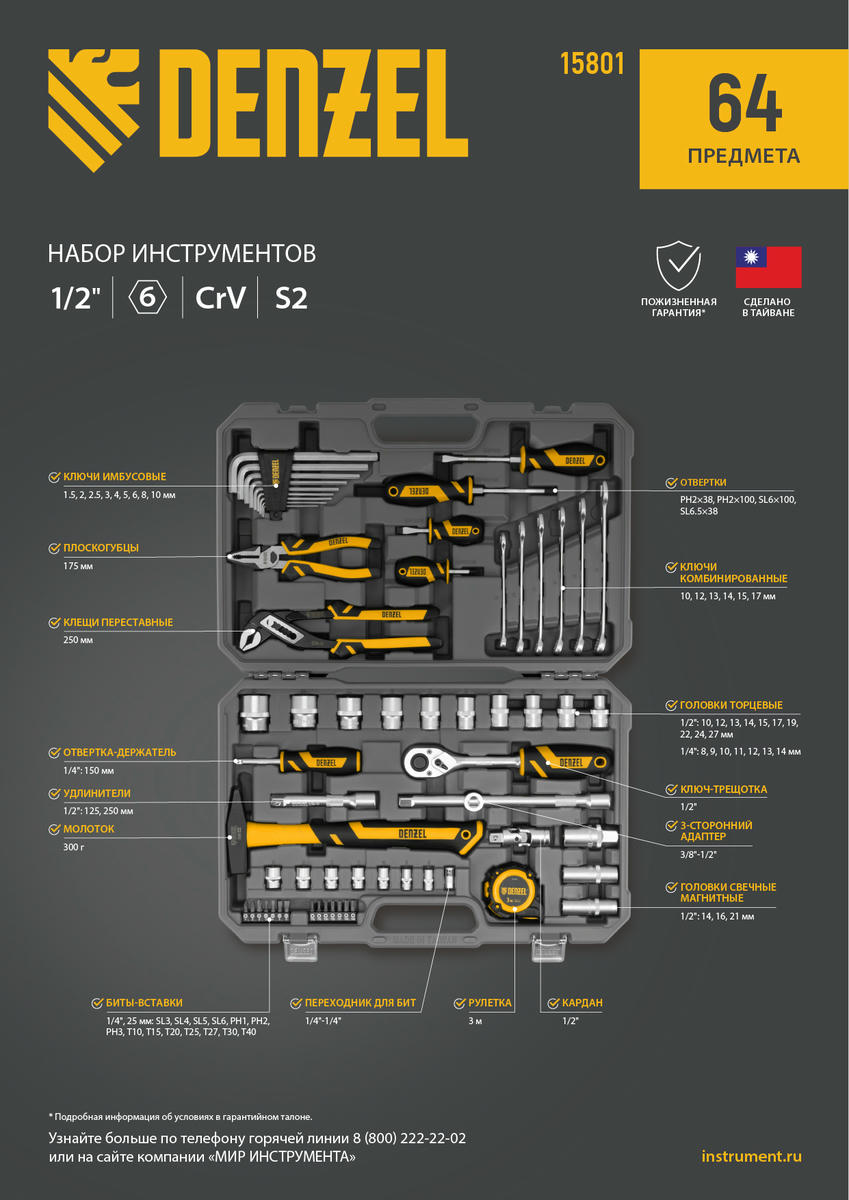 Набор инструмента 64 пред. 1/2", 1/4", CrV, S2 DENZEL preview 27