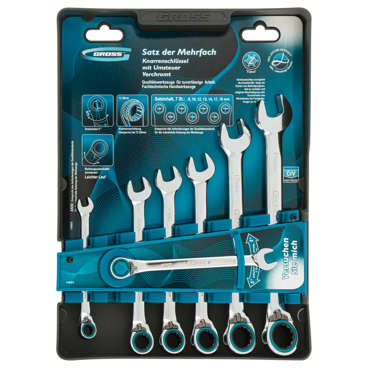 Набор ключей комбинированных 7шт 8-19мм с трещоткой реверсивные GROSS preview 4