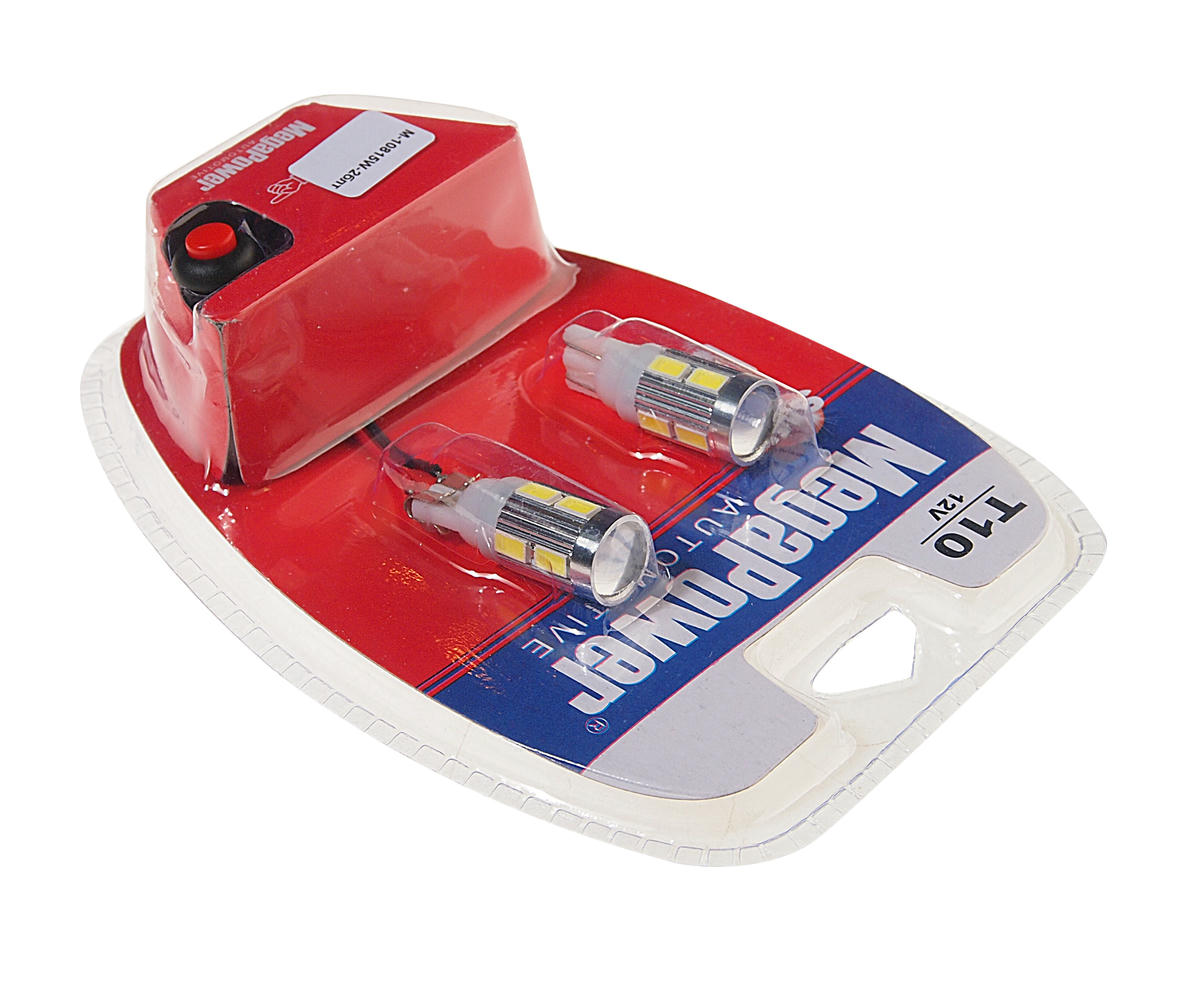 Лампа T10W (W2,1x9,5d) 10 SMD 5630 WHITE блистер с тестером (2 шт) 6000K 12V MEGAPOWER preview 1