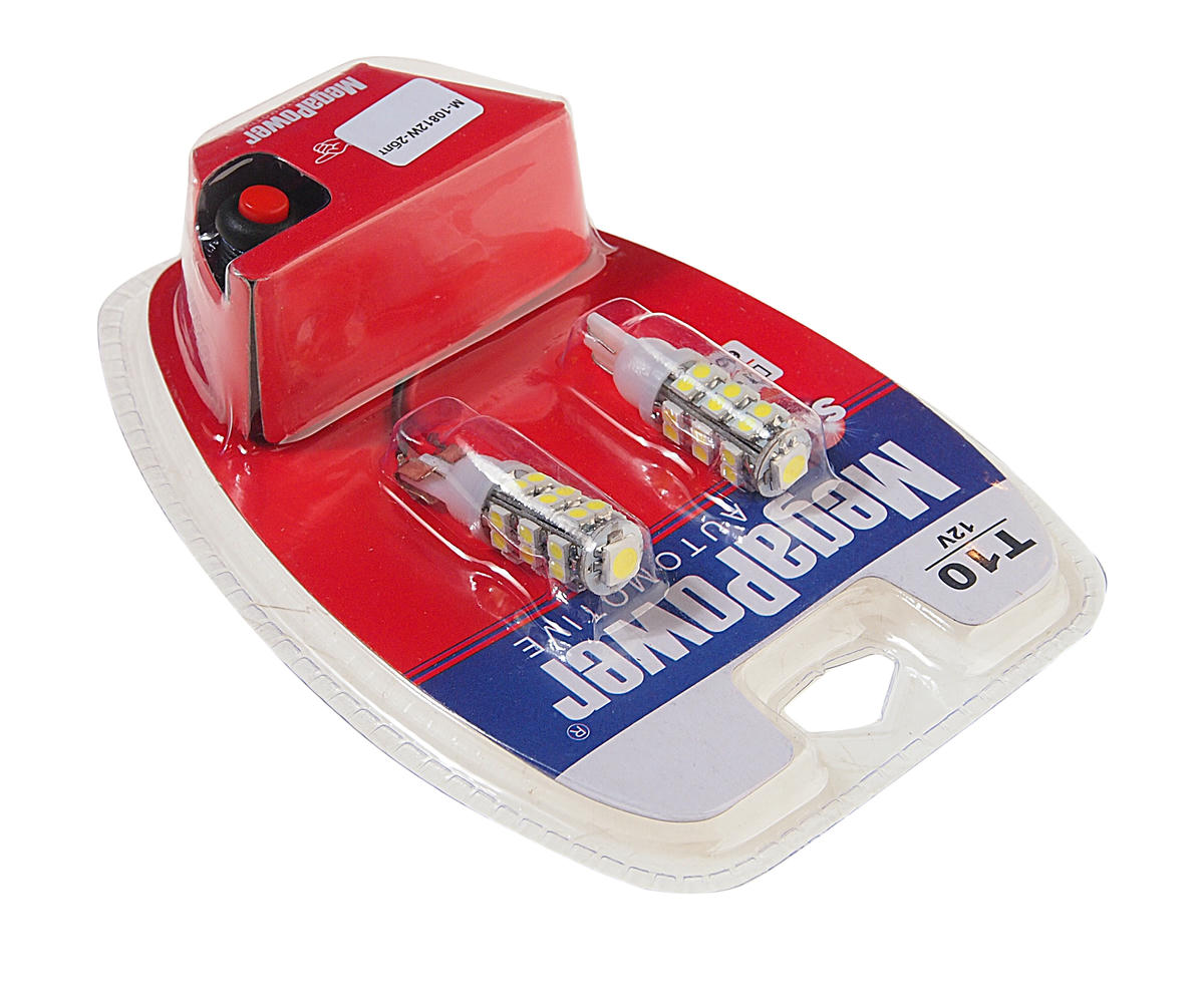 Лампа T10W (W2,1x9,5d) 25 SMD 3528+5050 WHITE блистер с тестером (2 шт) 6000K 12V MEGAPOWER preview 1