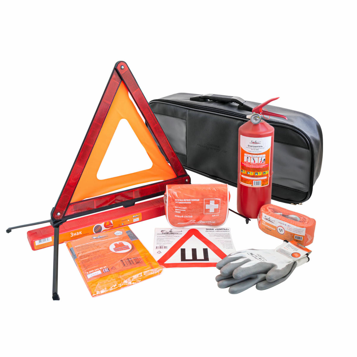 Набор автомобилиста Премиум (знак, аптечка, огнетушитель, трос, перчатки, жилет) preview 1