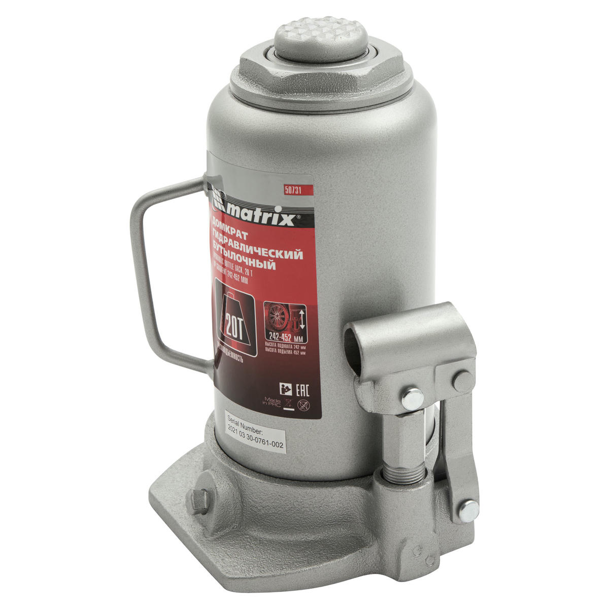 Домкрат гидравлический бутылочный, 20 т, h подъема 242-452 мм MATRIX 50731 preview 2