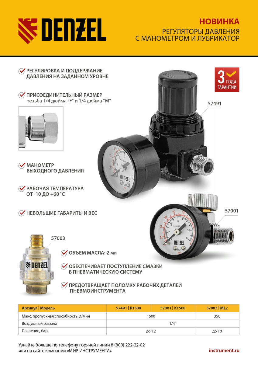 Регулятор давления с манометром для краскопульта K1500, 12 бар, 1/4 DENZEL preview 1