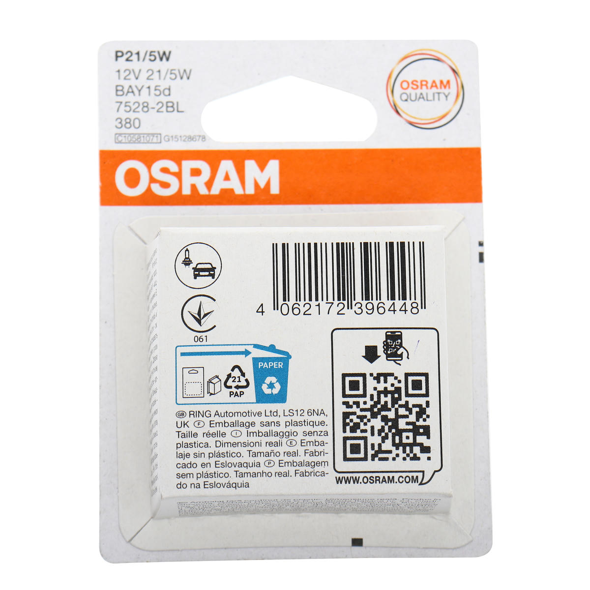 Лампа 12V P21/5W 21/5W BAY15d OSRAM ORIGINAL LINE 2 шт. блистер 7528-02B preview 1