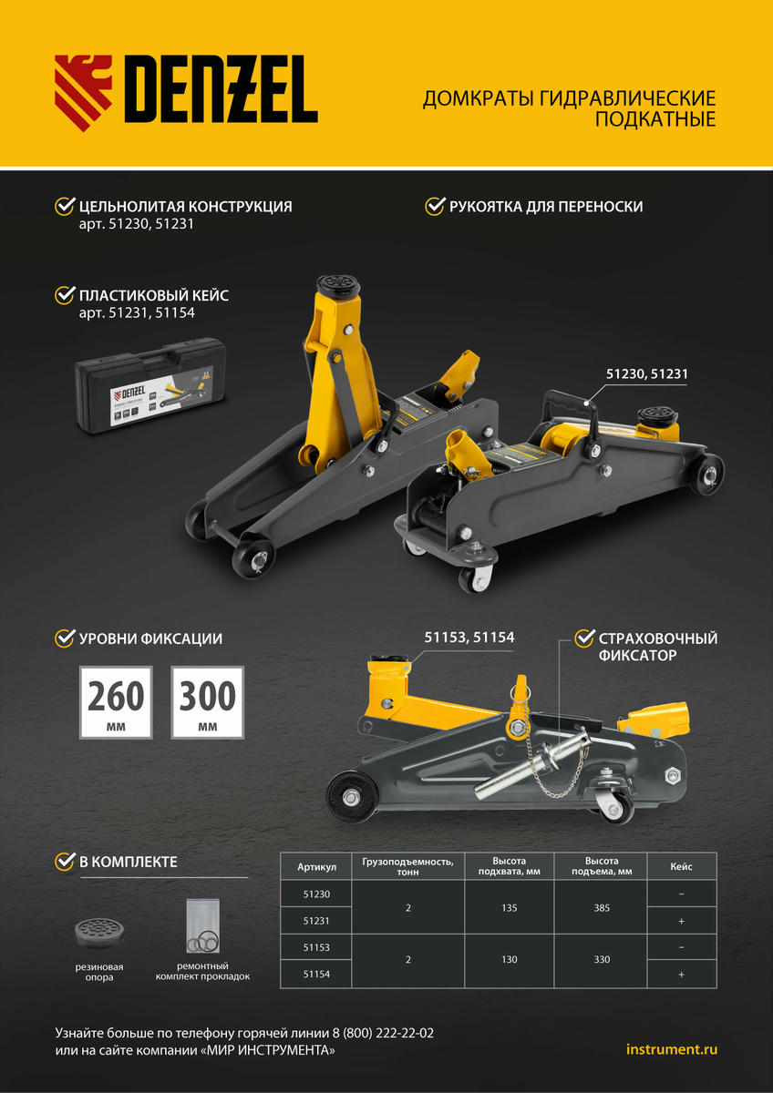 Домкрат подкатной гидравлический 2т 130-330мм с фиксатором (в кейсе) DENZEL preview 1