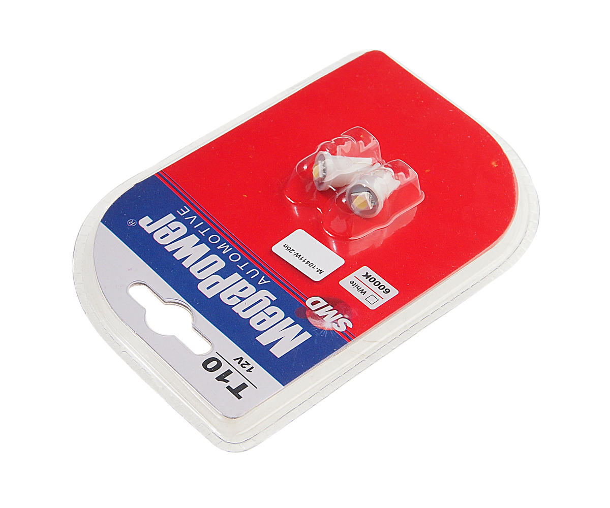 Лампа T10W (W2,1x9,5d) 1 SMD 5050 WHITE блистер (2шт) 6000K 12V MEGAPOWER preview 1