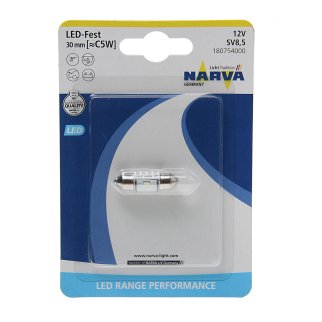 Лампа светодиодная 12V C5W 0.6W SV8.5 30мм двухцокольная блистер (1шт.) Range Perfomance LED NARVA фото