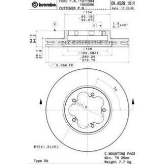 Диск тормозной передн , FORD: TRANSIT TOURNEO 2.2 TDCi 06-, TRANSIT 2.2 TDCi 06-, TRANSIT 2.2 TDCi 06-, TRANSIT 2.2 TDCi 06- фото