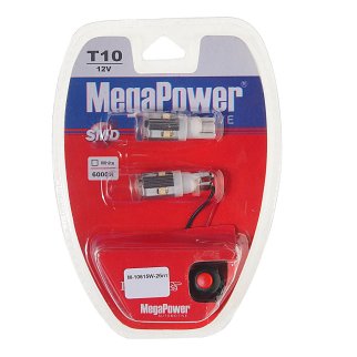 Лампа T10W (W2,1x9,5d) 5 SMD CREE CHIPS WHITE блистер с тестером (2 шт) 6000K 12V MEGAPOWER фото