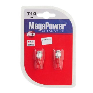 Лампа T10W (W2,1x9,5d) 5 SMD 5050 RED блистер (2 шт) 12V MEGAPOWER фото