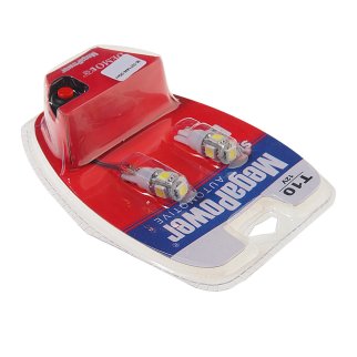 Лампа T10W (W2,1x9,5d) 5 SMD 5050 WHITE блистер с тестером (2 шт) 6000K 12V MEGAPOWER фото 1