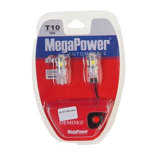 Лампа T10W (W2,1x9,5d) 5 SMD 5050 WHITE блистер с тестером (2 шт) 6000K 12V MEGAPOWER фото
