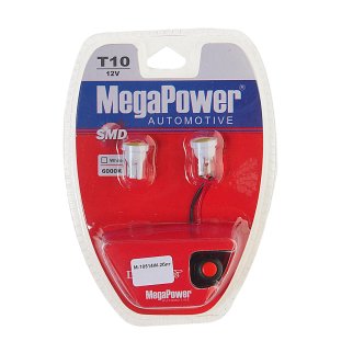Лампа T10W (W2,1x9,5d) COB 1 SMD CHIPS WHITE блистер с тестером (2 шт) 6000K 12V MEGAPOWER фото