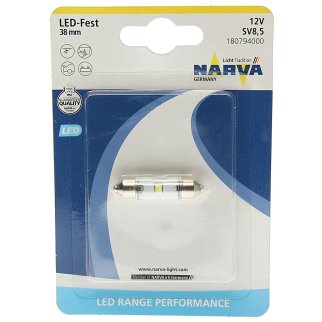 Лампа светодиодная 12V C5W 0.6W SV8.5 38мм двухцокольная блистер (1шт.) Range Perfomance LED NARVA фото