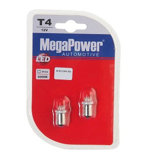 Лампа T4W (BA9s) 4 LED блистер (2 шт) WHITE 6000K 12V MEGAPOWER фото