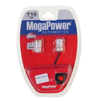 Лампа T10W (W2,1x9,5d) 6 SMD 3528 WHITE блистер с тестером (2шт) 6000K 12V MEGAPOWER фото