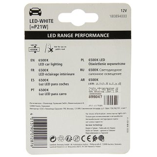 Лампа светодиодная 12V P21W 1.75W BA15s 6500K блистер (2шт.) White Range Performance LED NARVA фото 1