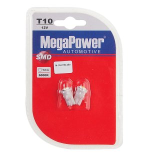 Лампа T10W (W2,1x9,5d) 1 SMD 5050 WHITE блистер (2шт) 6000K 12V MEGAPOWER фото