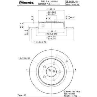 Диск тормозной brembo 08.B601.10 фото