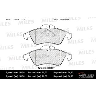 Колодки тормозные передние к-кт MILES E100067 фото