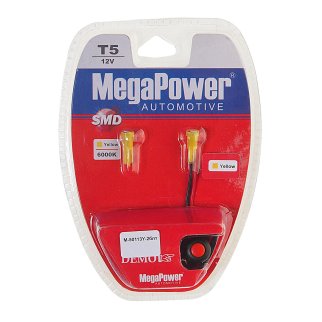Лампа T5 (W2*4.6d) 1 SMD 3528 YELLOW блистер с тестером (2шт) 12V MEGAPOWER фото