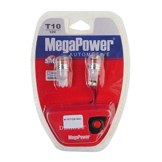 Лампа T10W (W2,1x9,5d) 1 SMD 7080 WHITE блистер с тестером (2 шт) 6000K 12V MEGAPOWER фото