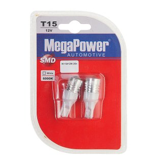 Лампа T15W (W2,1X9,5d) 1 SMD WHITE блистер (2шт) 6000K 12V MEGAPOWER фото