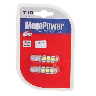Лампа T10W (W2,1x9,5d) 13 SMD 5050 WHITE блистер (2 шт) 6000K 12V MEGAPOWER фото
