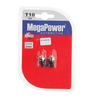 Лампа T10W (W2,1x9,5d) 1 SMD 5050 WHITE блистер (2 шт) 6000K 12V MEGAPOWER фото
