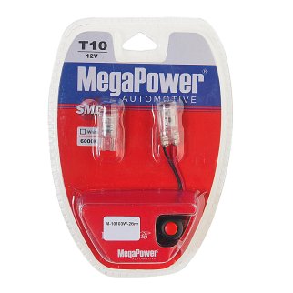 Лампа T10W (W2,1x9,5d) 3 SMD 2835 WHITE блистер с тестером (2 шт) 6000K 12V MEGAPOWER фото