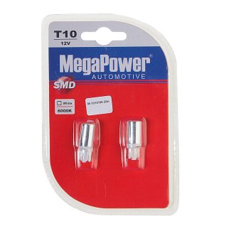 Лампа T10W (W2,1x9,5d) 1 SMD 5050 WHITE 6000K 12V MEGAPOWER фото