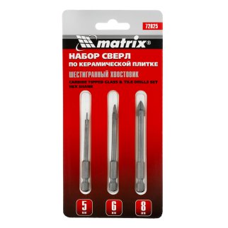 Набор сверл по керамике 3шт 5-6-8мм шестигранный хвостовик MATRIX фото 1