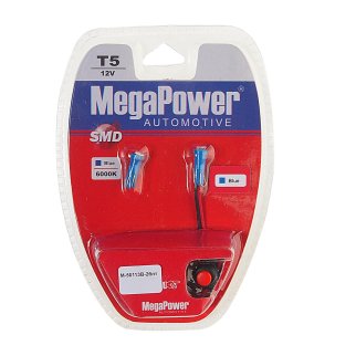 Лампа T5 (W2*4.6d) 1 SMD 3528 BLUE блистер с тестером (2шт) 12V MEGAPOWER фото